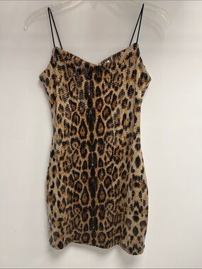 Source Unknown Leopard Sequin Spaghetti-Strap Mini Dress - Tan, Black